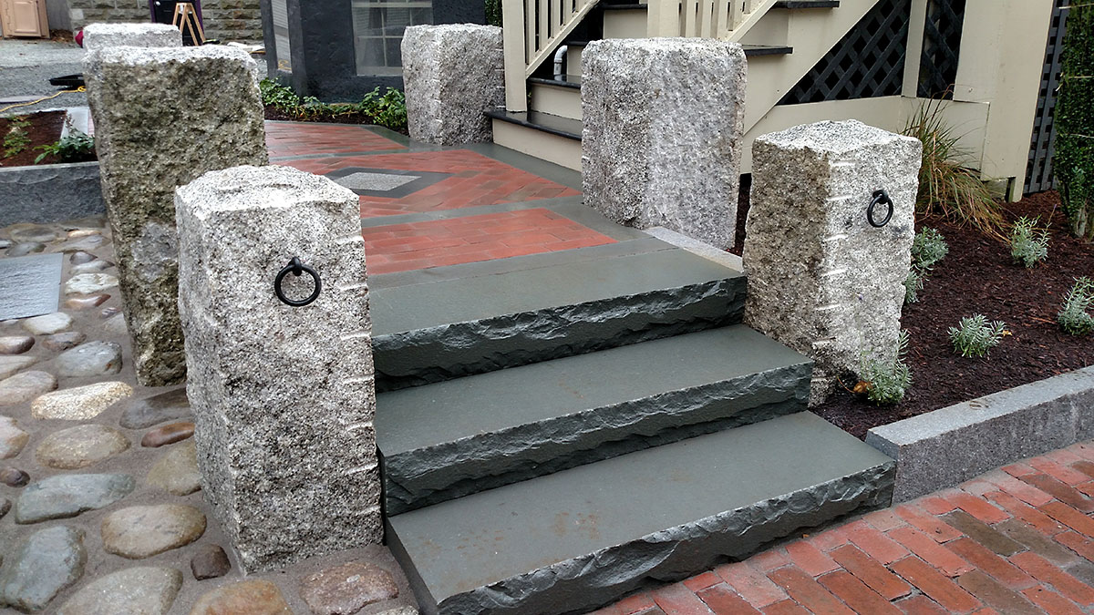 Salvaged Granite Posts, Bluestone Steps, Brick Landing
